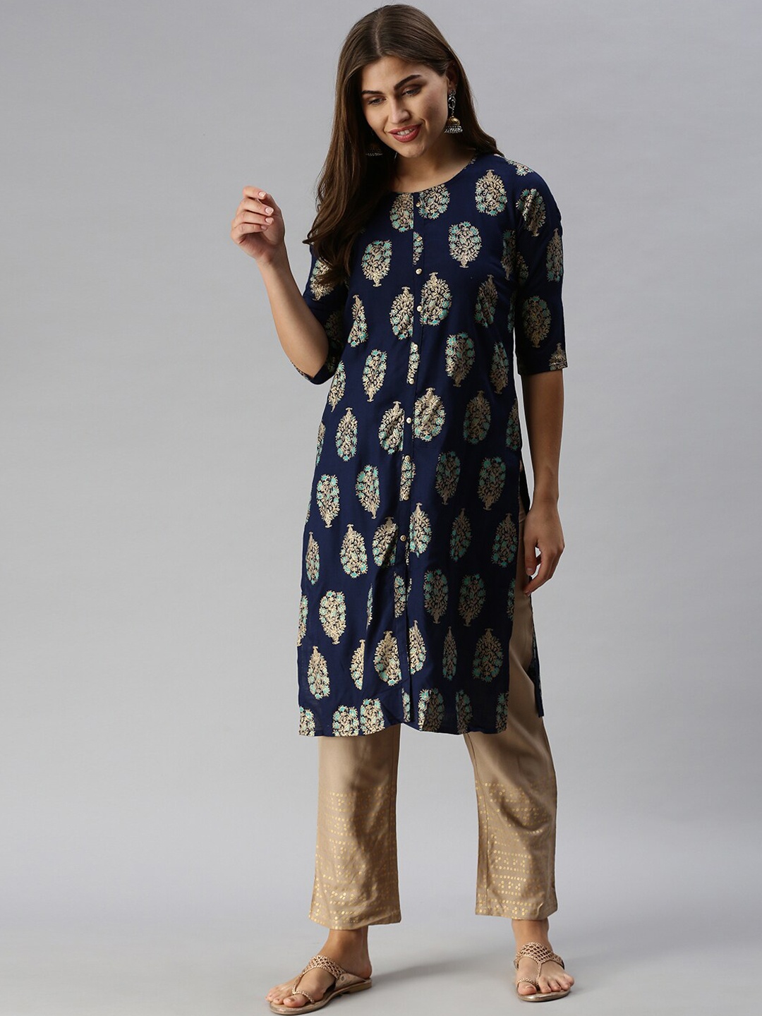 

Soch Women Blue Ethnic Motifs Printed Kurta with Trousers