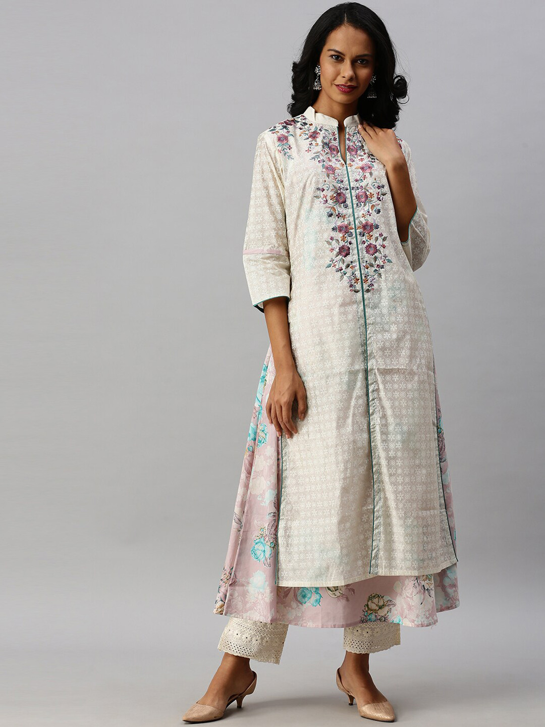 

Soch Women Off White Embroidered Chanderi Cotton Kurta with Churidar