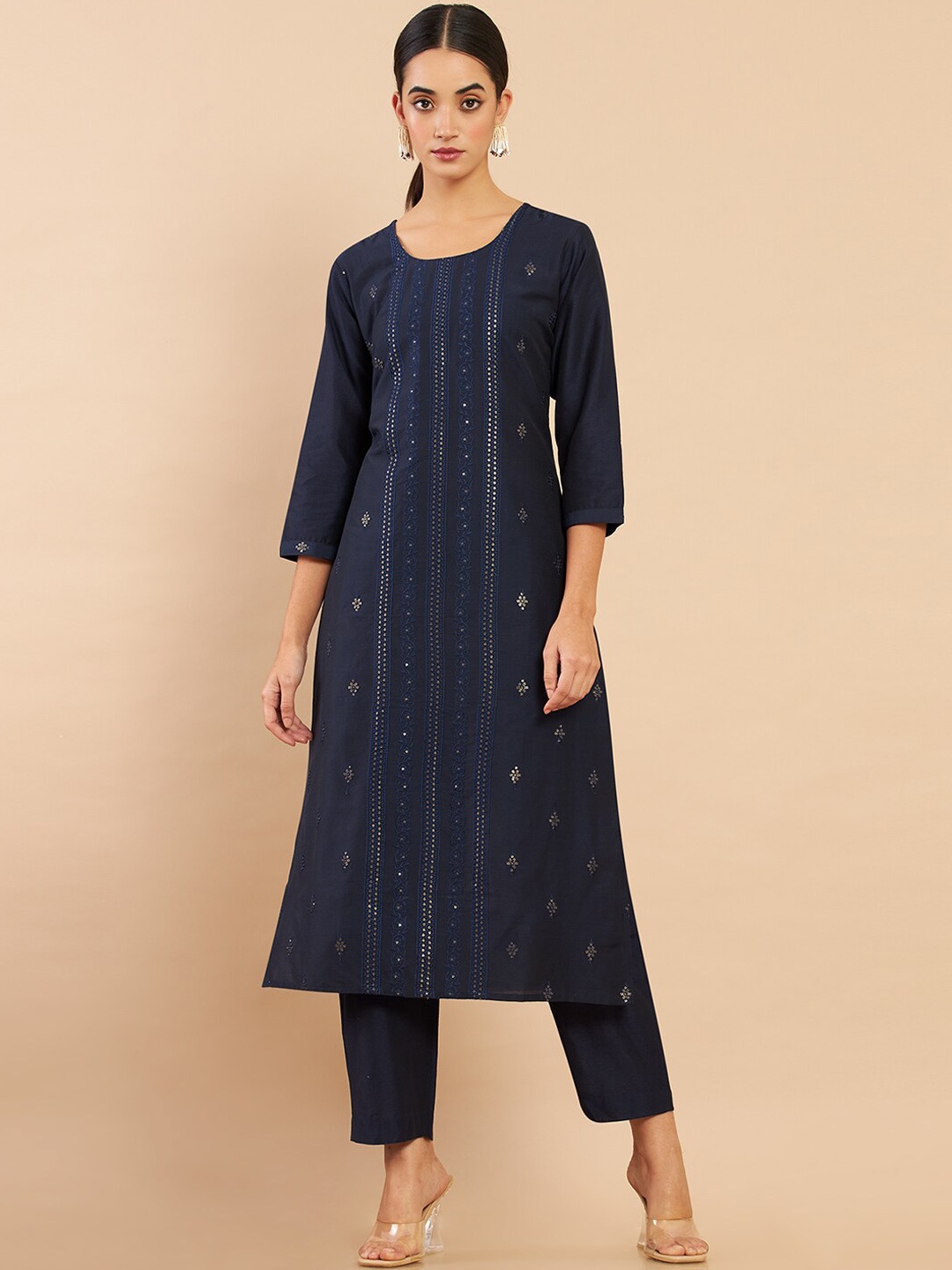 

Soch Women Navy Blue Ethnic Motifs Embroidered Sequinned Kurta with Trouser