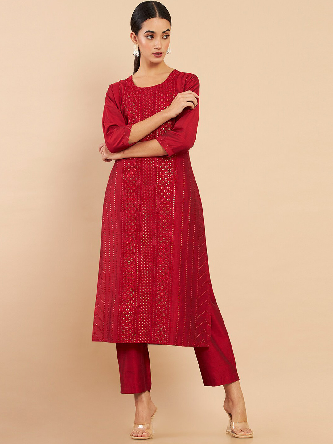

Soch Women Maroon Panelled Sequinned Kurta with Trousers