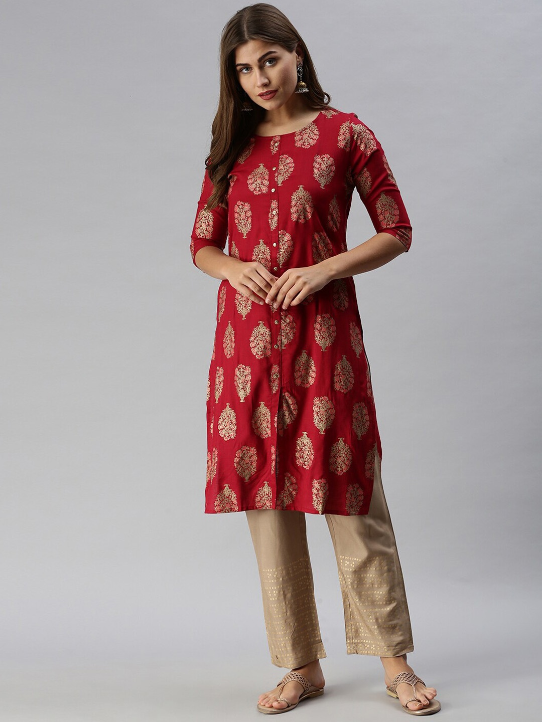 

Soch Women Maroon Ethnic Motifs Printed Kurta with Trousers