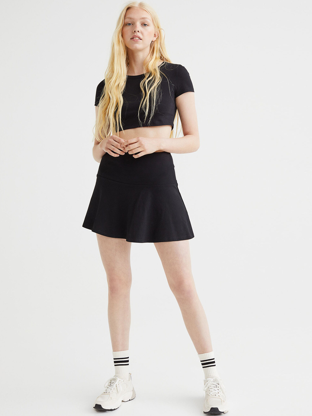 

H&M Women Black Flared Cotton Jersey Skirt