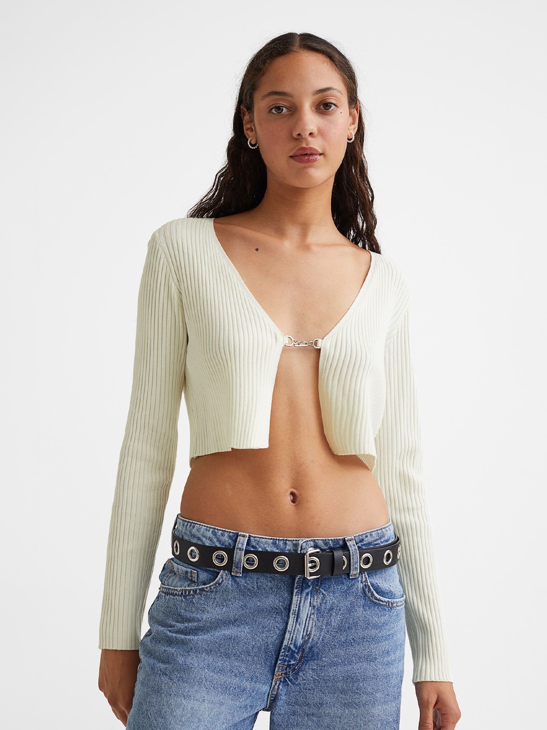 

H&M Women White Cropped Rib-Knit cardigan