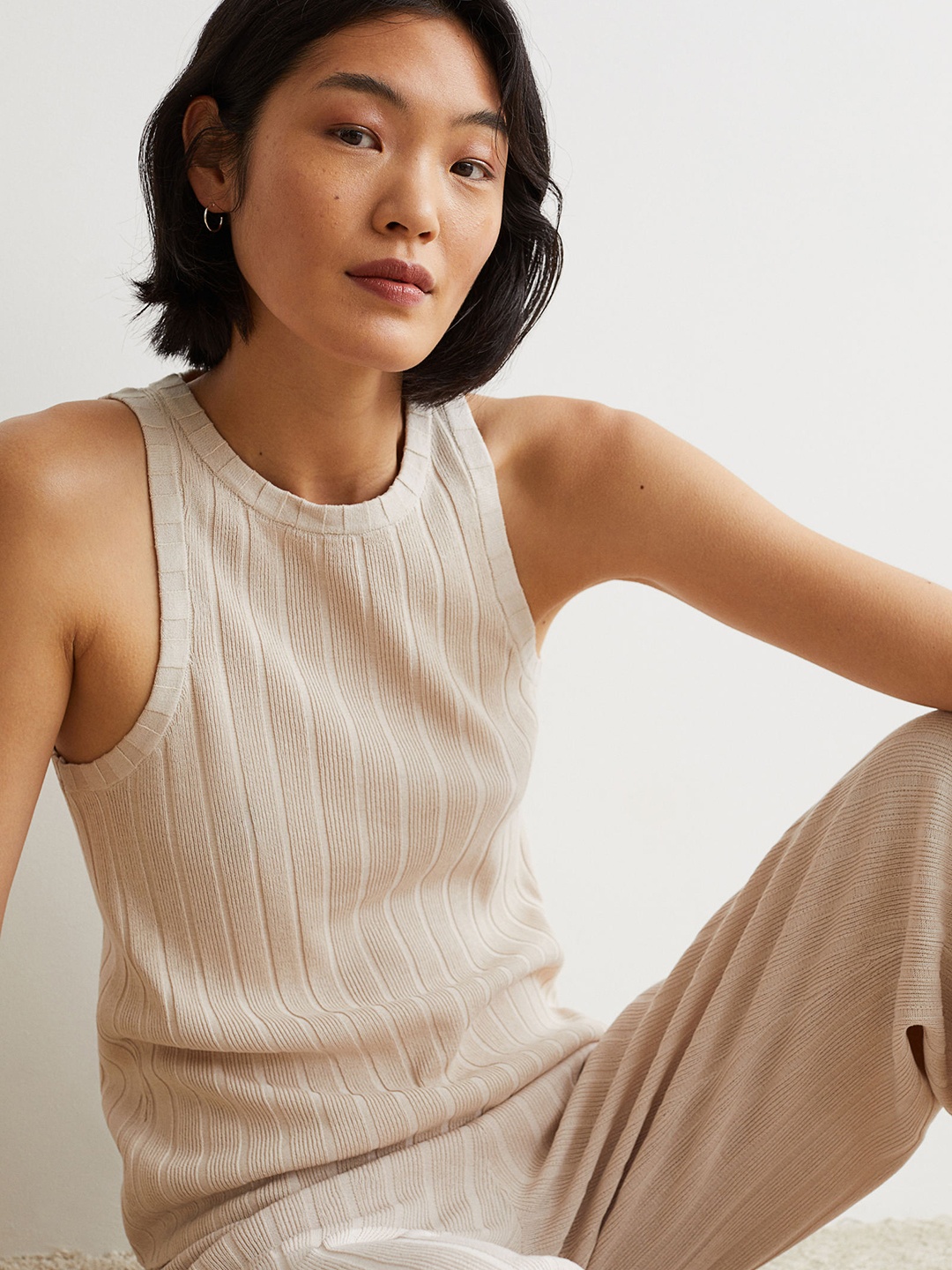 

H&M Women Beige Striped Rib-Knit Trousers