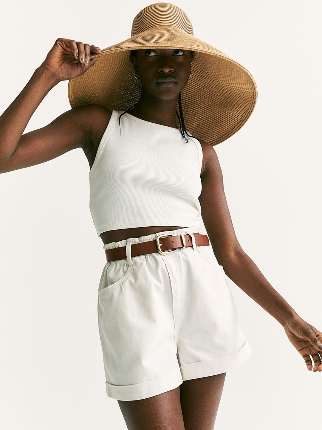 

H&M Women White Cotton Shorts High Waist