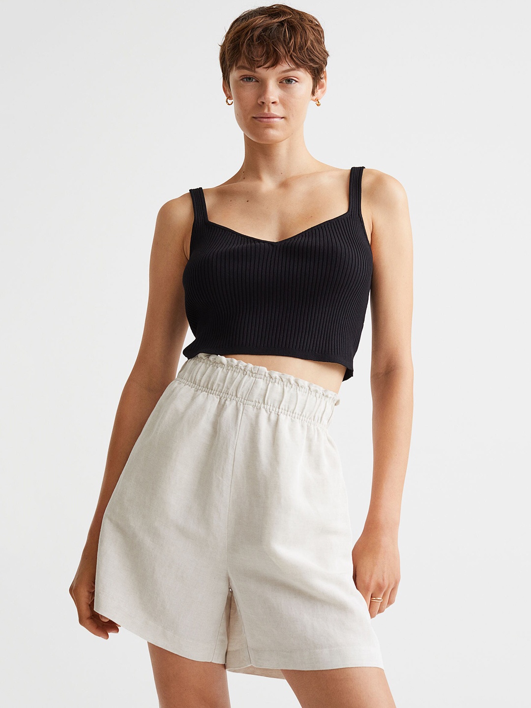 

H&M Women Beige Linen-Blend Pull-On Shorts