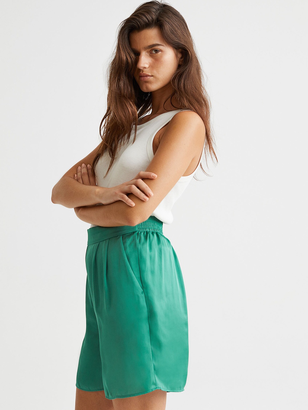 

H&M Women Green Satin Regular Fit Shorts
