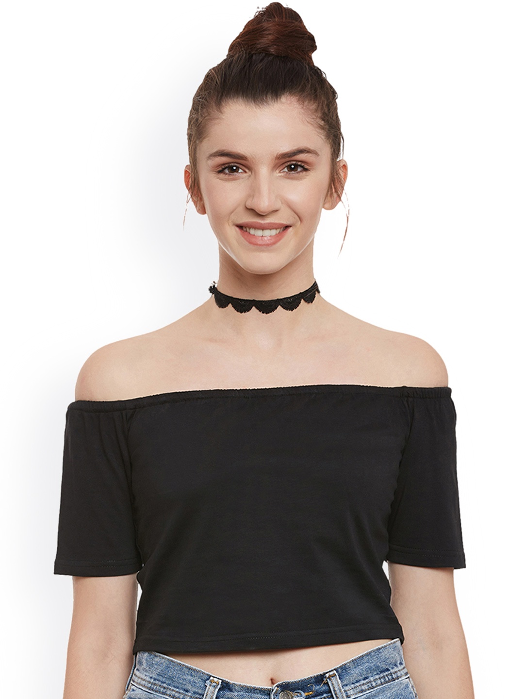 

Miss Chase Women Black Solid Bardot Pure Cotton Top