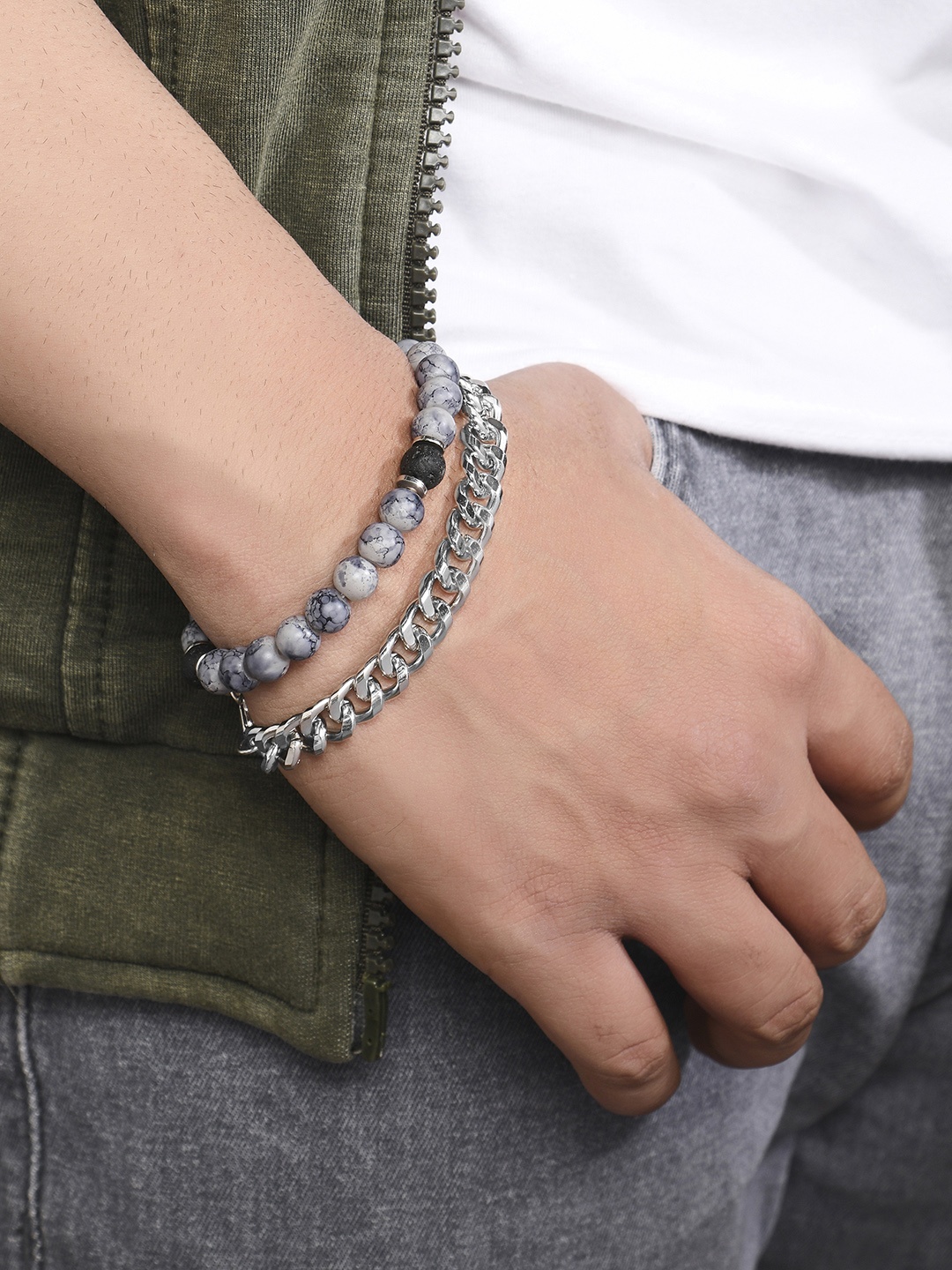 

The Bro Code Men 2 Silver-Toned & Grey Silver-Plated Bracelet