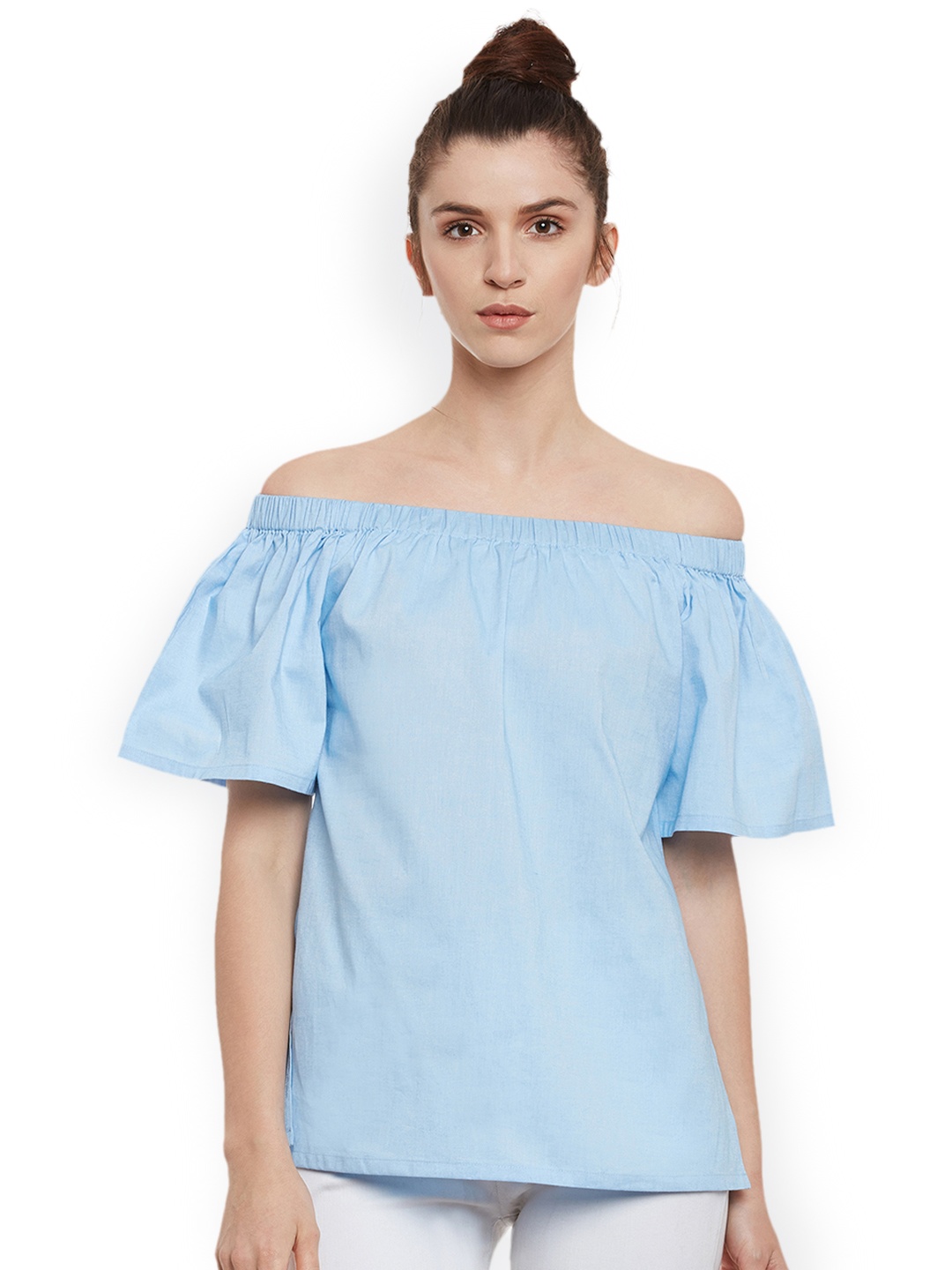 

Miss Chase Women Blue Solid Bardot Pure Cotton Top