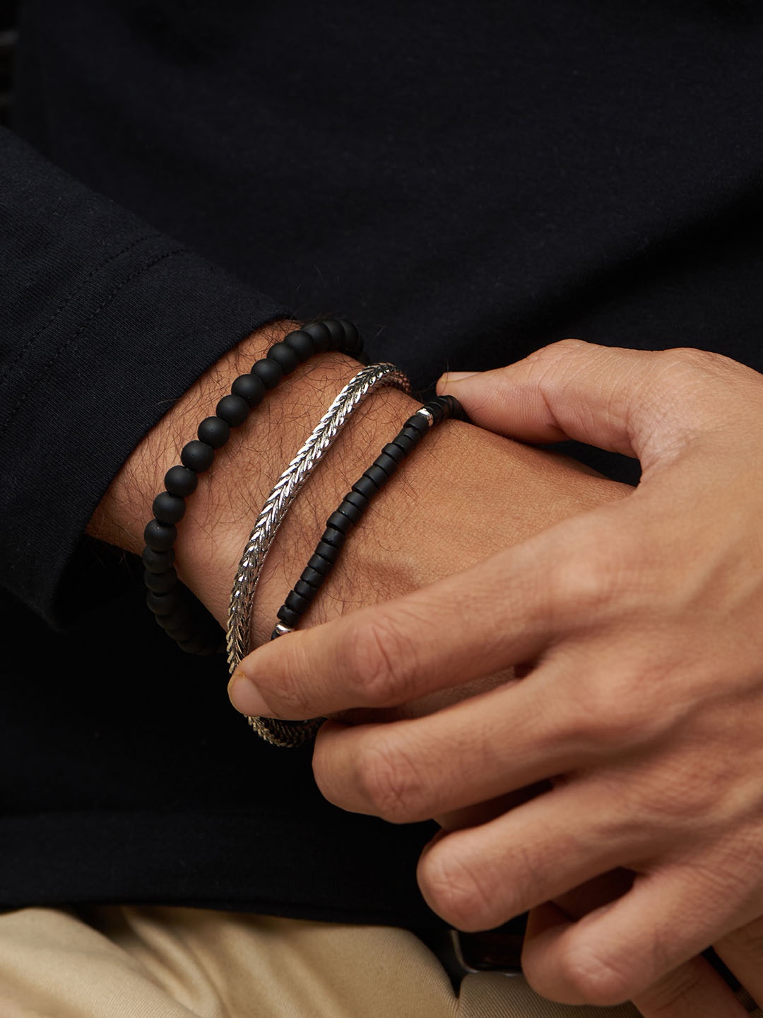 

The Bro Code Men 3 Silver-Toned & Black Silver-Plated Bracelet