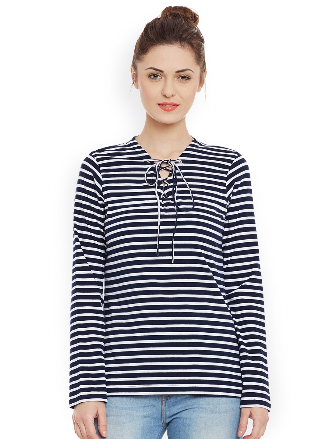 

Miss Chase Women Navy Blue & White Striped Pure Cotton Top