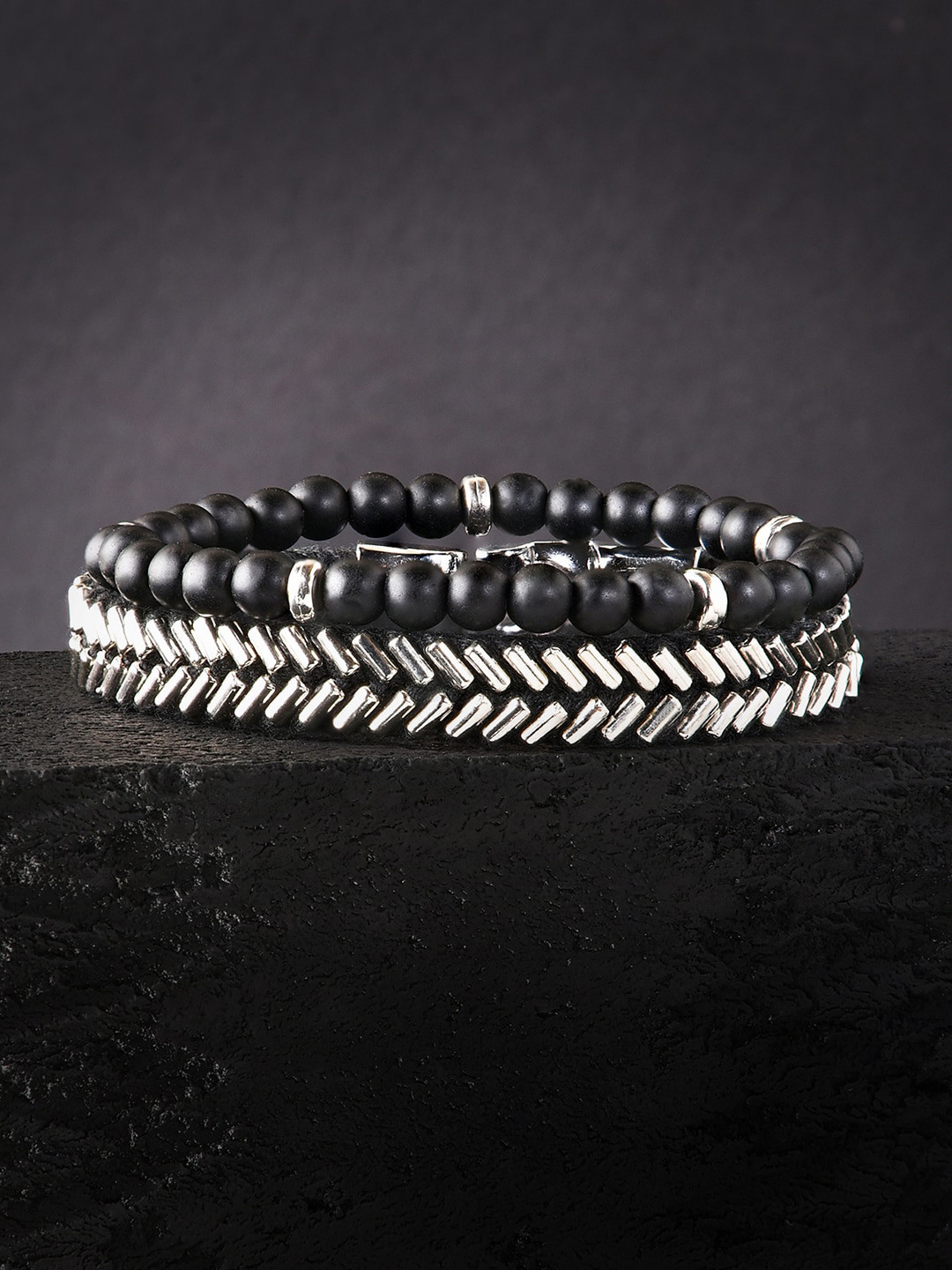 

The Bro Code Set Of 2 Men Black Elasticated Beaded Bracelet, Silver