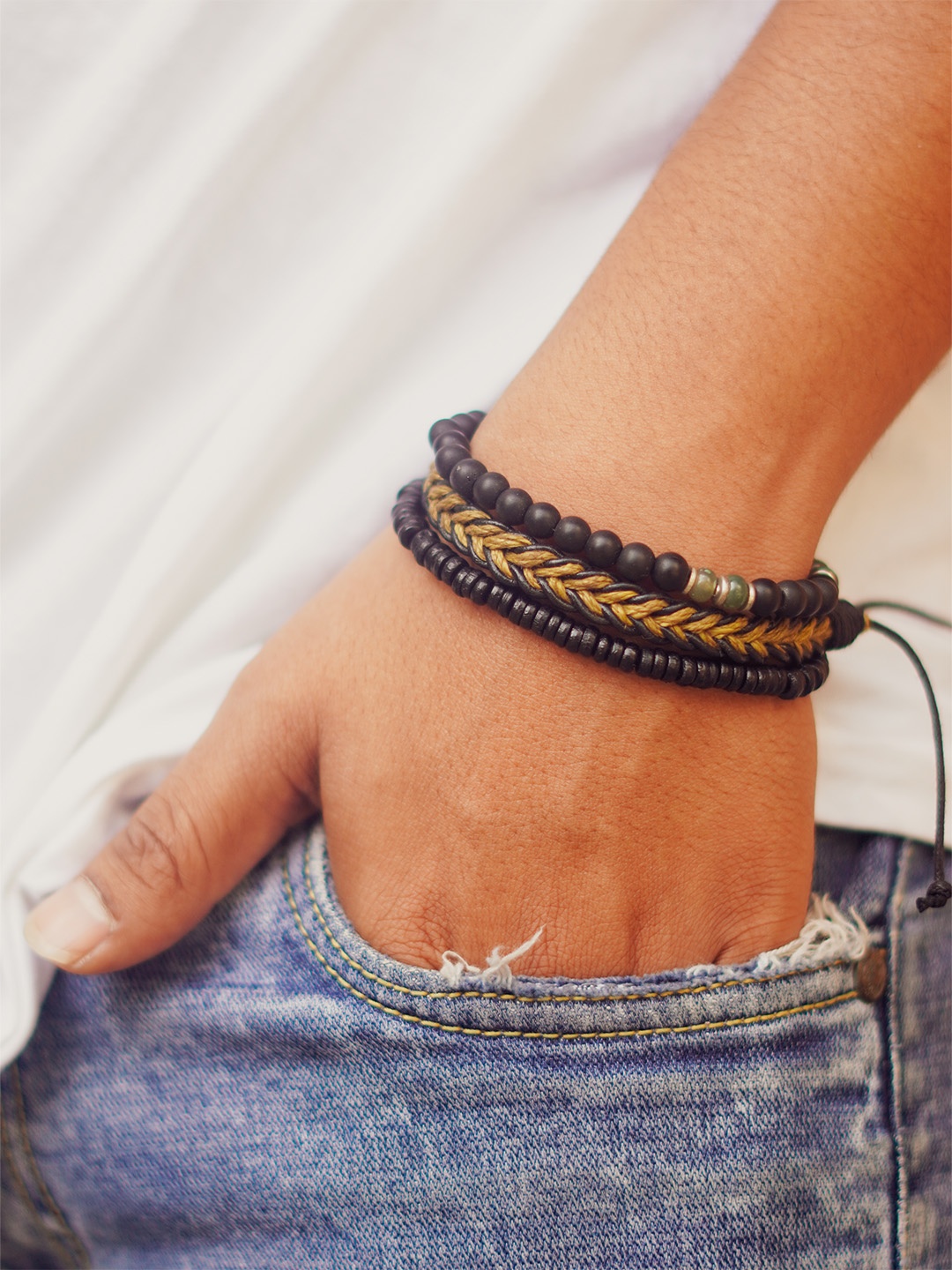 

The Bro Code Set of 3 Elasticated Beaded Bracelet, Black