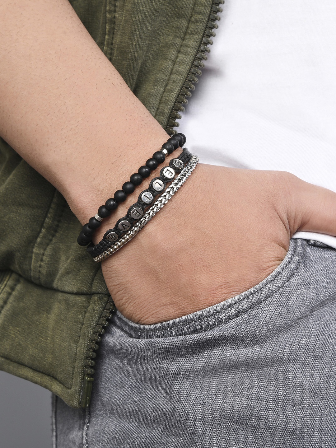 

The Bro Code Men Set Of 3 Elasticated Beaded Bracelet, Silver