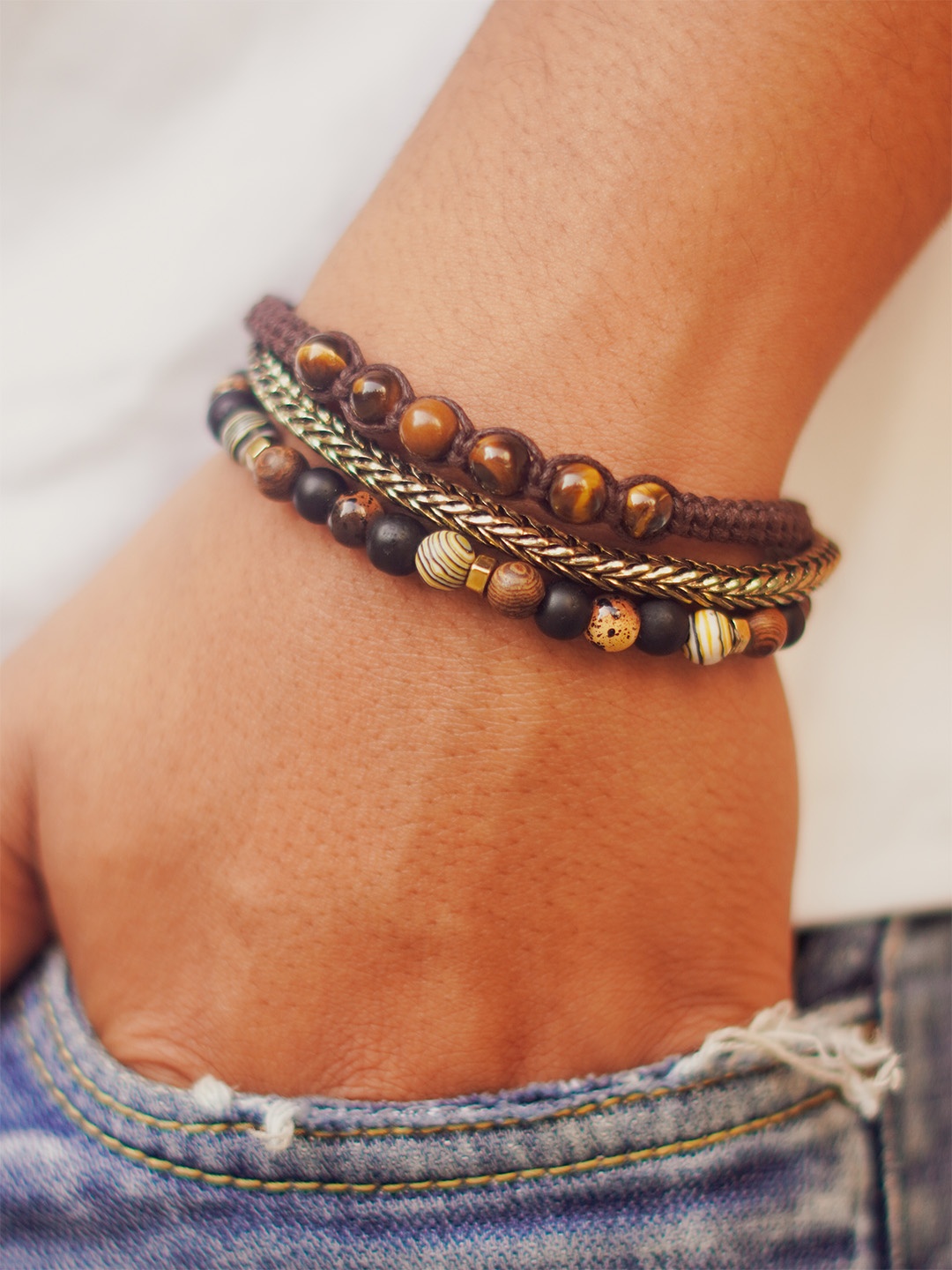 

The Bro Code Men Set Of 3 Brown Semi Precious Beaded Bracelet, Gold
