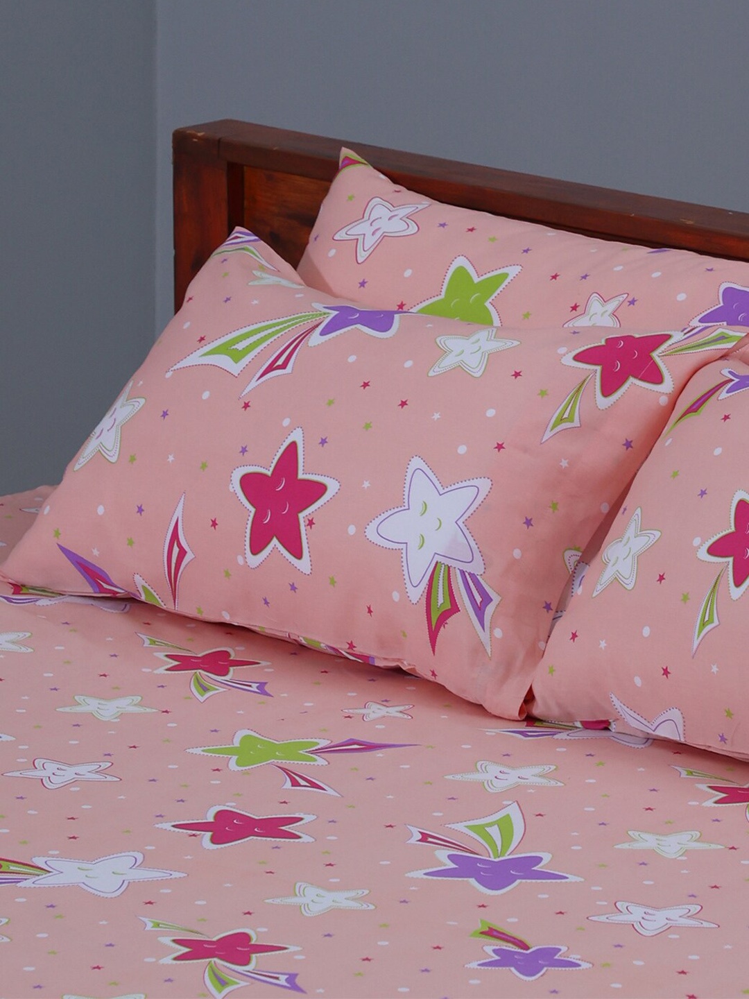 

BLUE DAHLIA Set Of 2 Peach Colored Printed Pure Cotton Pillow Covers