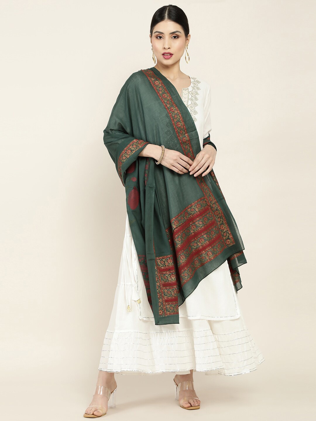 

Soch Green & Red Printed Pure Cotton Dupatta