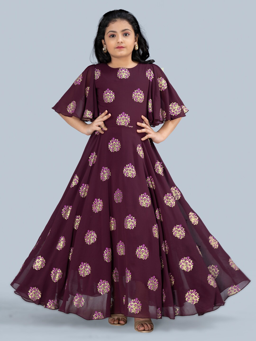 

FASHION DREAM Girls Purple Ethnic Motifs Printed Georgette Maxi Ethnic Dress