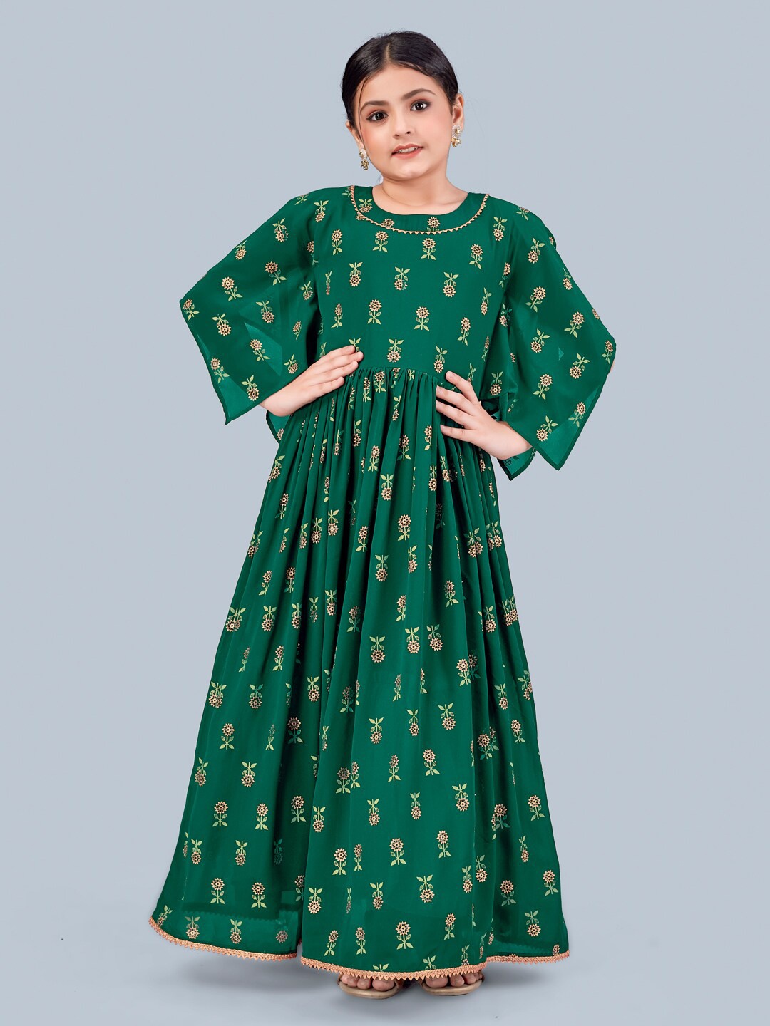 

FASHION DREAM Girls Ethnic Motifs Printed Gotta Patti Georgette Flared Maxi Ethnic Dress, Green