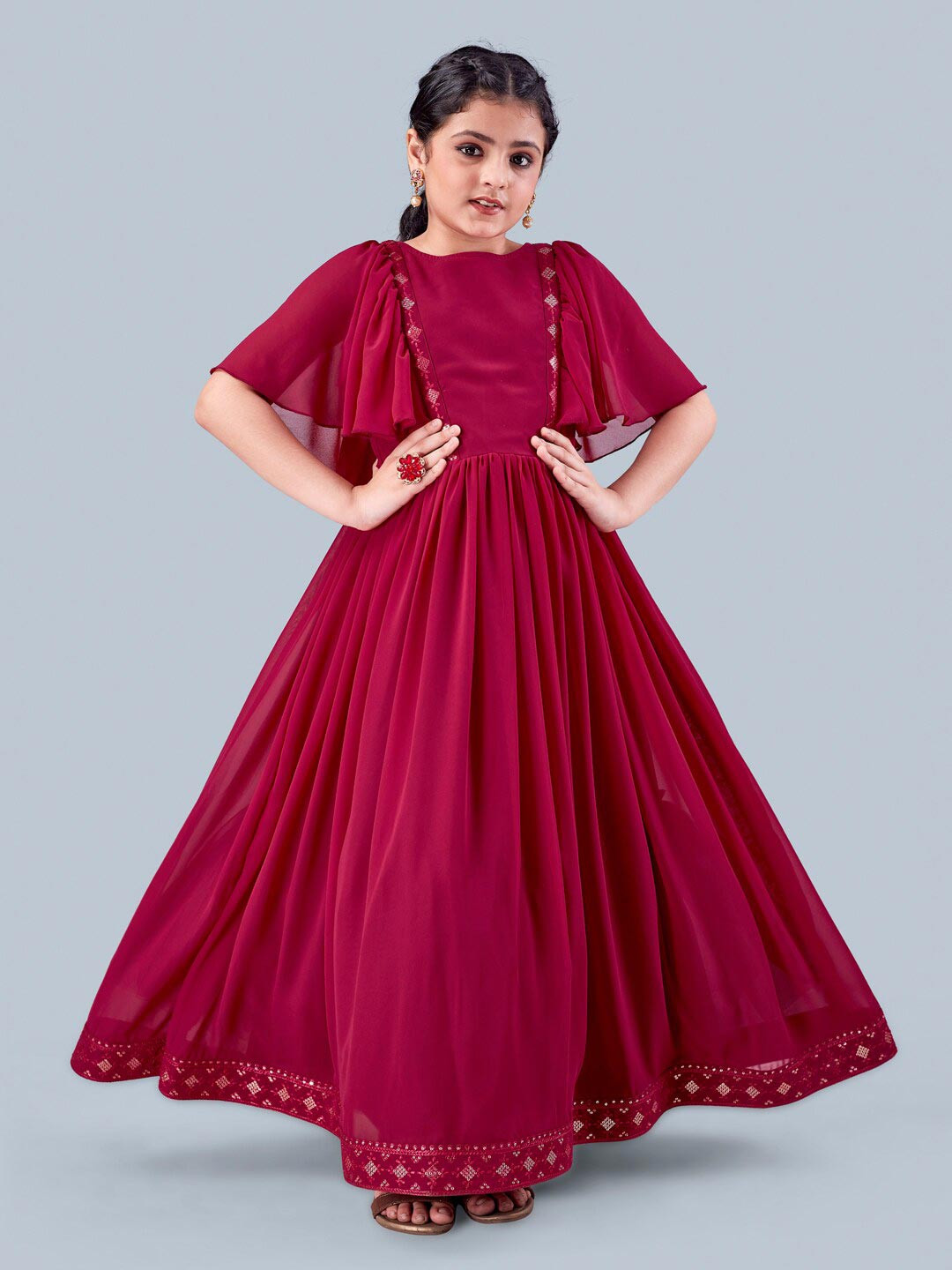

FASHION DREAM Girls Embroidered Flared Sleeves Georgette Fit and Flare Maxi Ethnic Dress, Pink