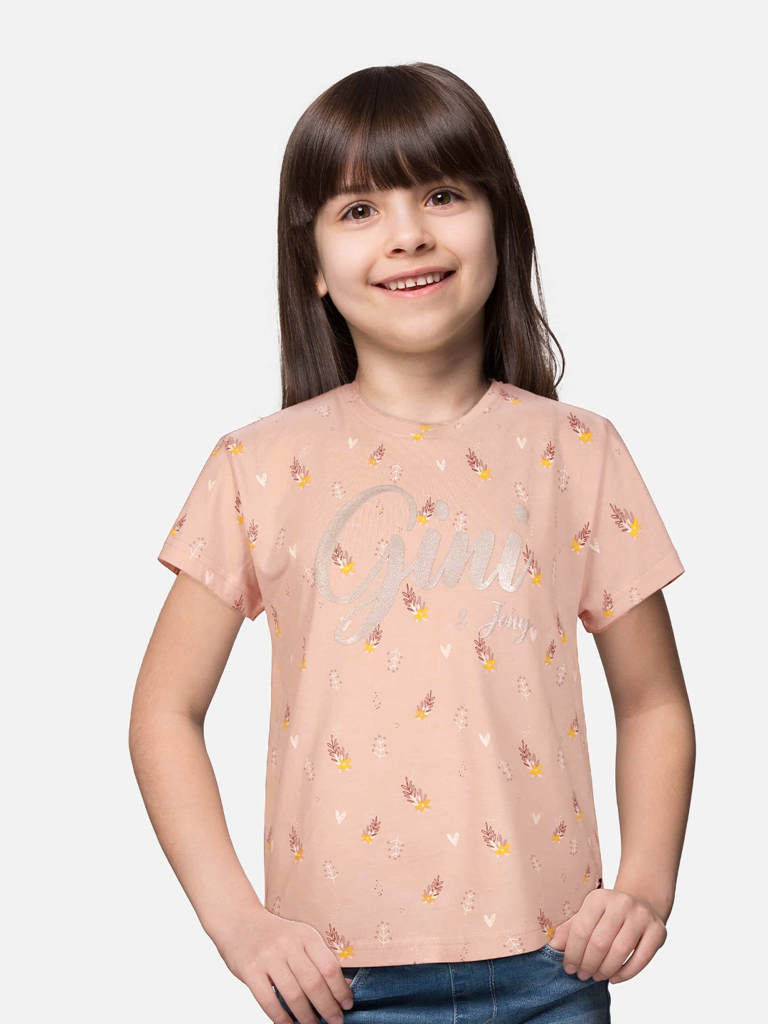 

Gini and Jony Girls Pure Cotton Conversational Printed Tshirt, Peach