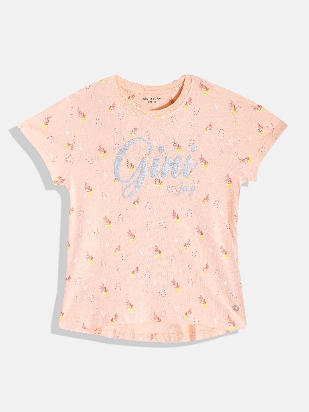 

Gini and Jony Girls Floral & Brand Logo Print Pure Cotton T-shirt, Peach