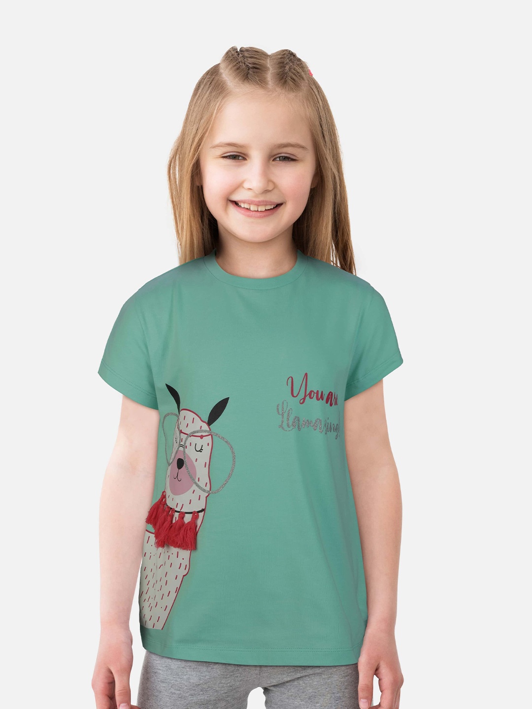 

Gini and Jony Girls Sea Green Printed Round Neck Top