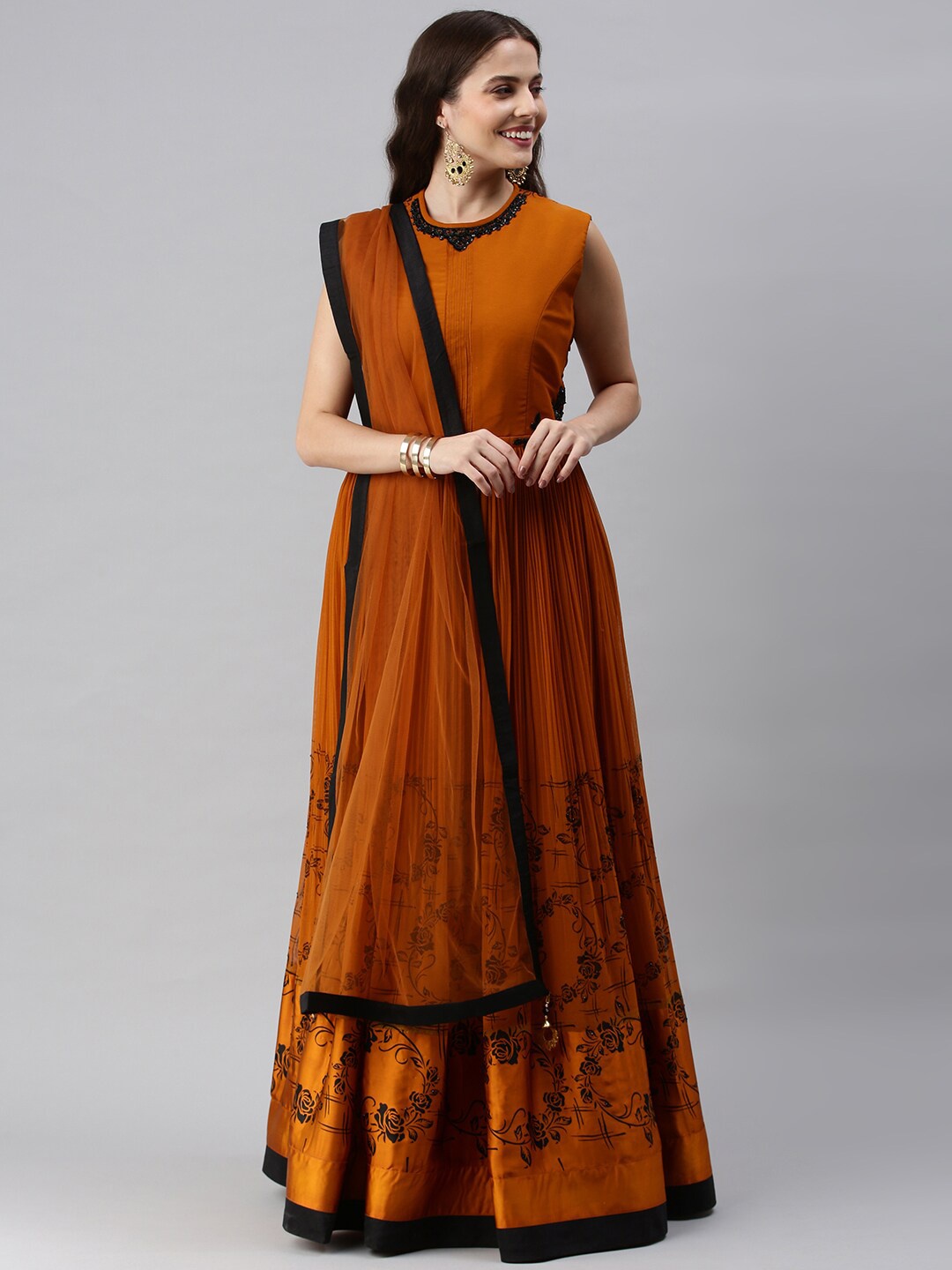 

Soch Women Mustard Yellow Chiffon Ethnic Maxi Dress With Dupatta