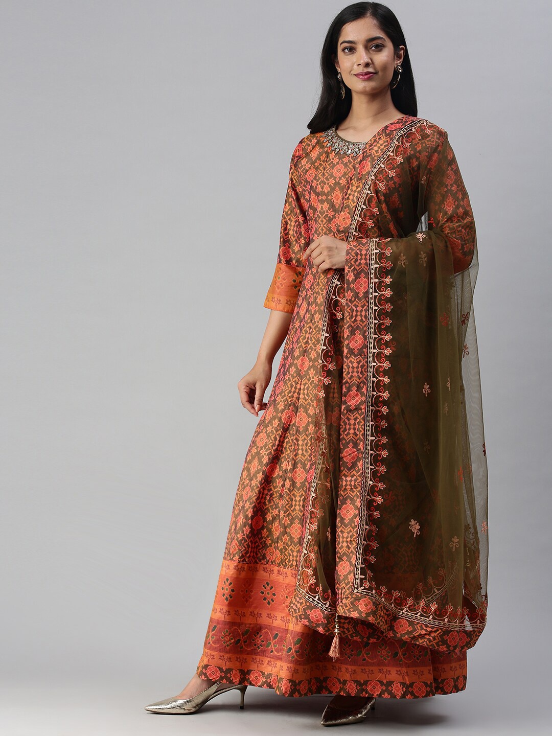 

Soch Orange & Brown Embroidery Ethnic Dress with Dupatta