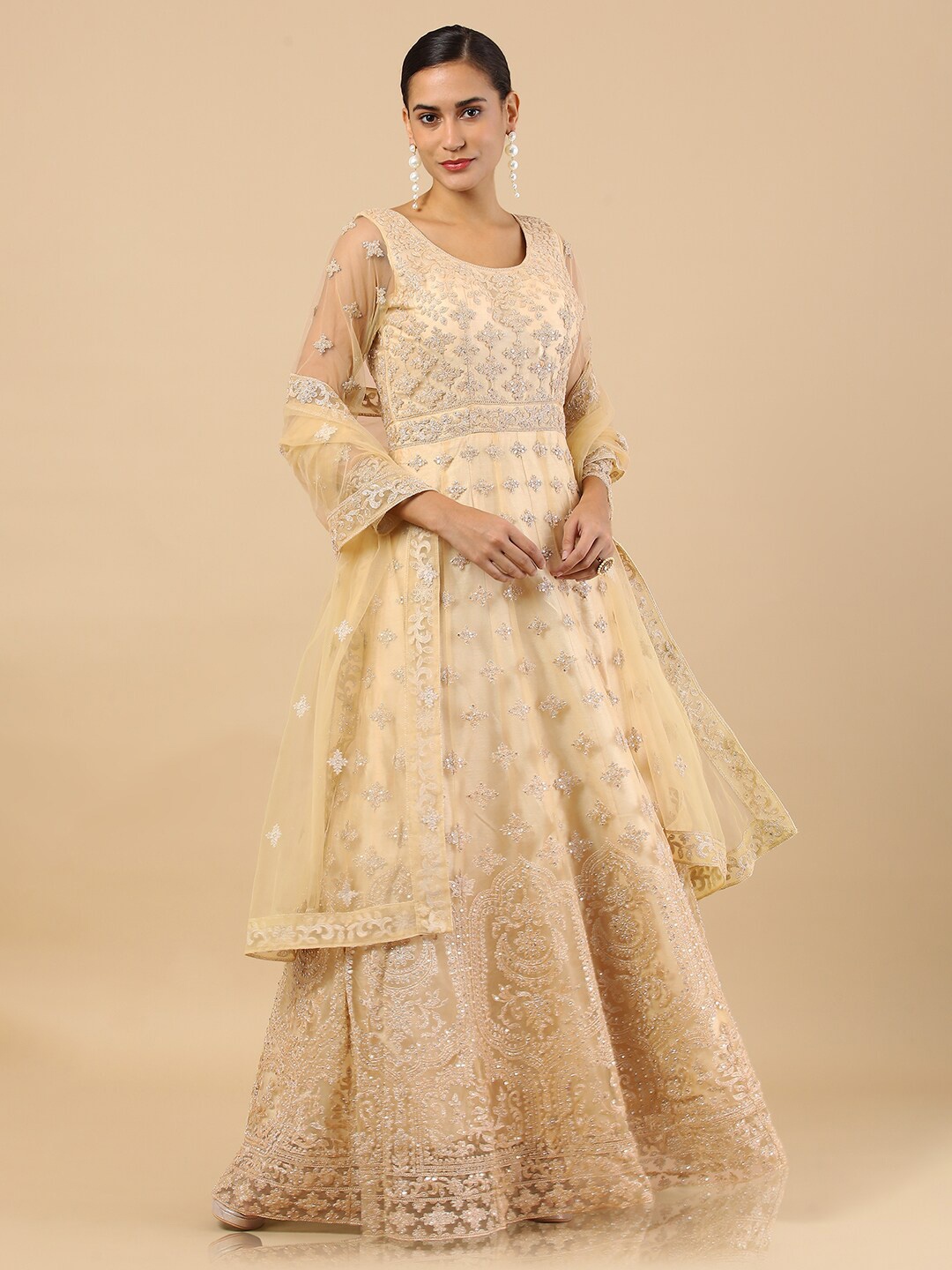 

Soch Beige Ethnic Motifs Embroidered Net Maxi Dress & With Dupatta