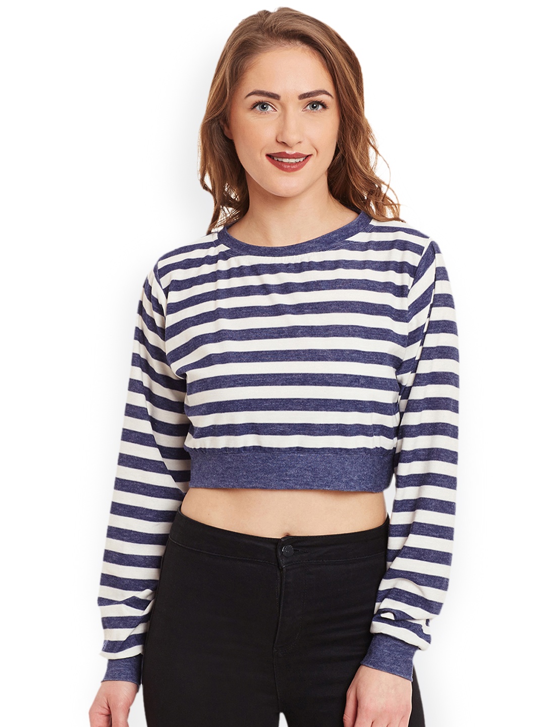 

Miss Chase Women Blue & Off-White Striped Boxy Crop Pure Cotton Top
