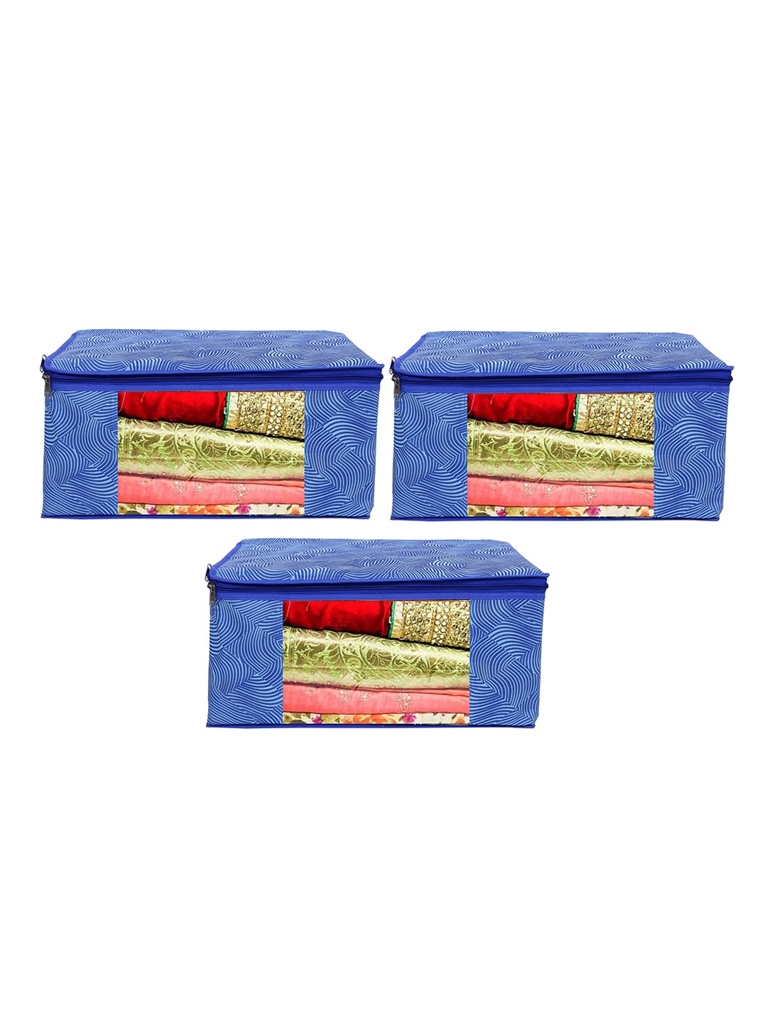 

Home Fresh Pack Of 3 Blue Printed Organisers With Transparent Windows