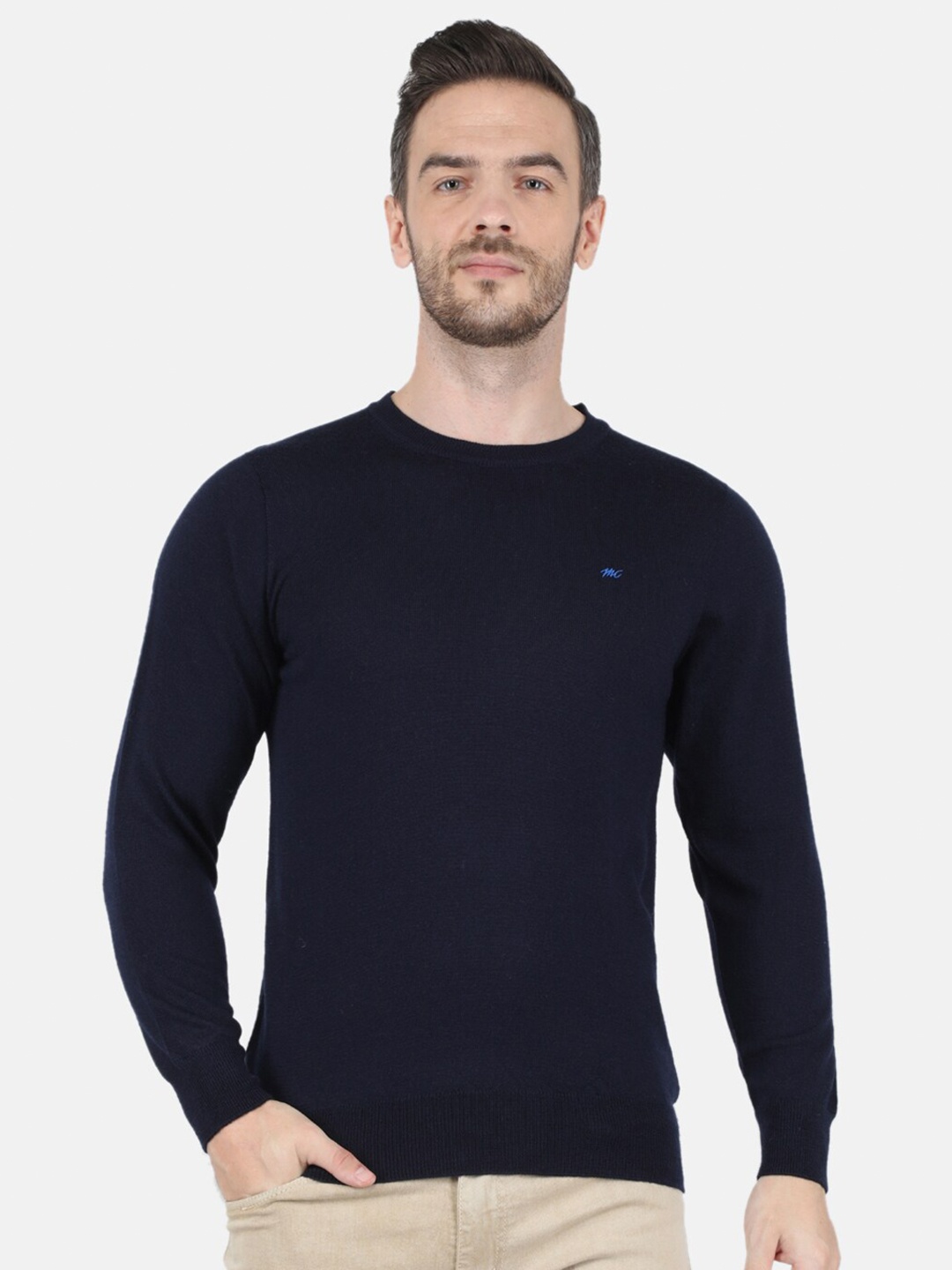 

Monte Carlo Men Navy Blue Solid Round Neck Pullover