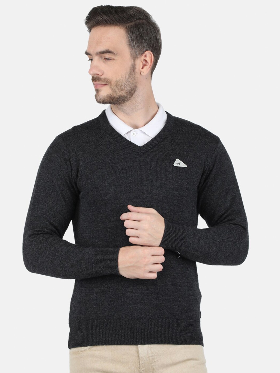 

Monte Carlo Men Grey V Neck Pure Wool Pullover, Grey melange