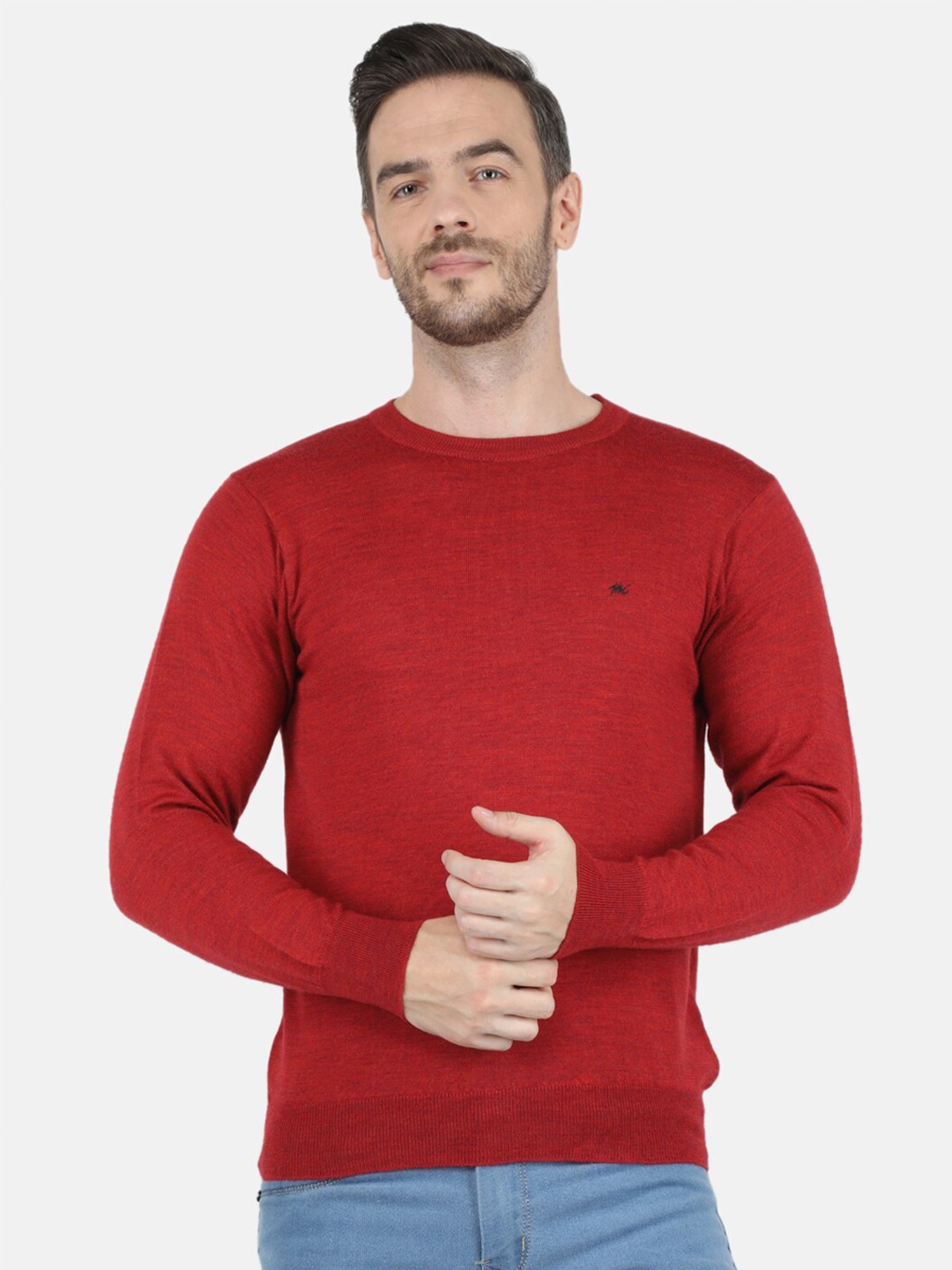 

Monte Carlo Mens Pure Wool Red Solid Round Neck Pullover