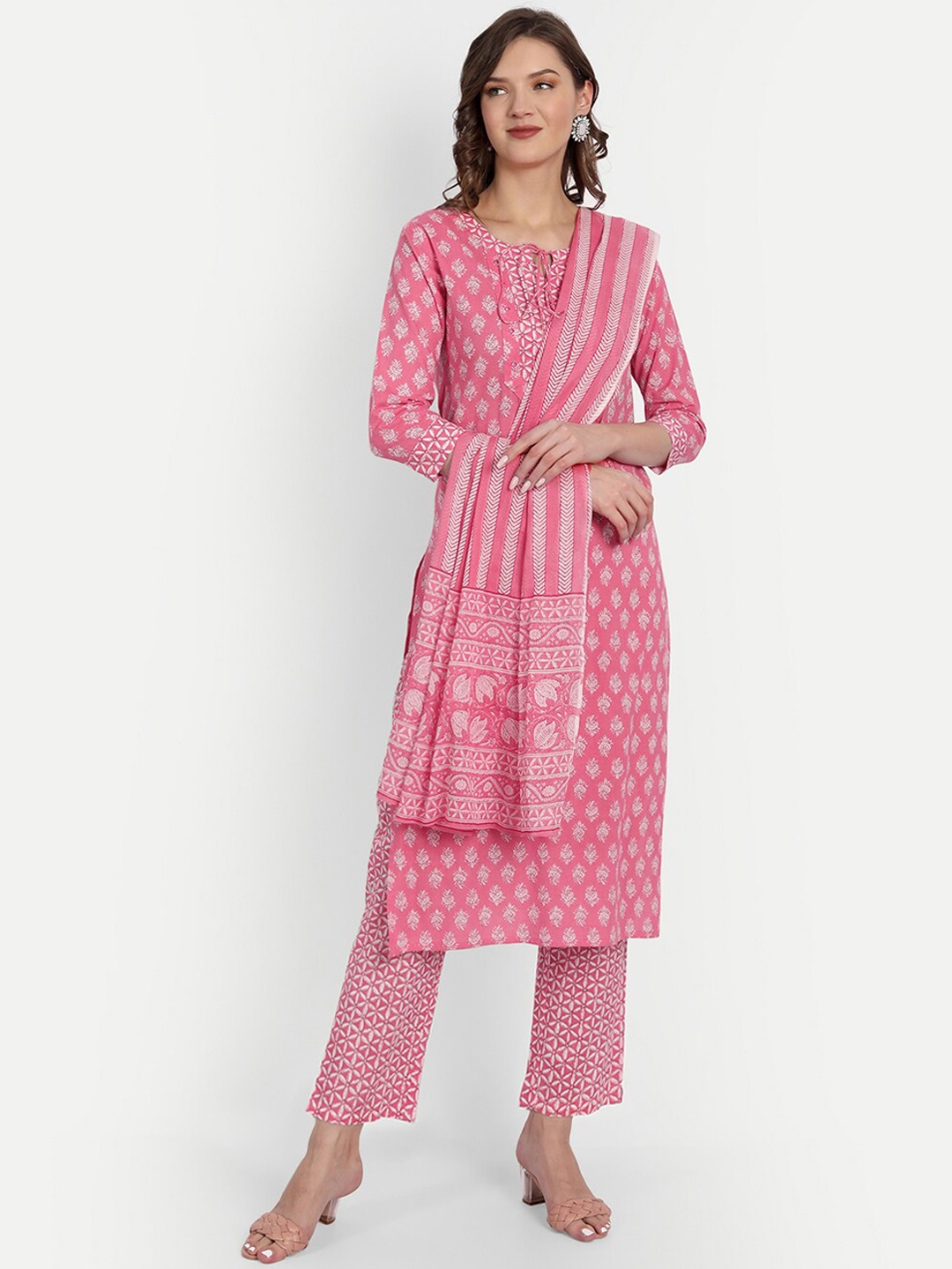 

FABISTA Women Pink Ethnic Motifs Printed Pure Cotton Kurta with Trousers & With Dupatta