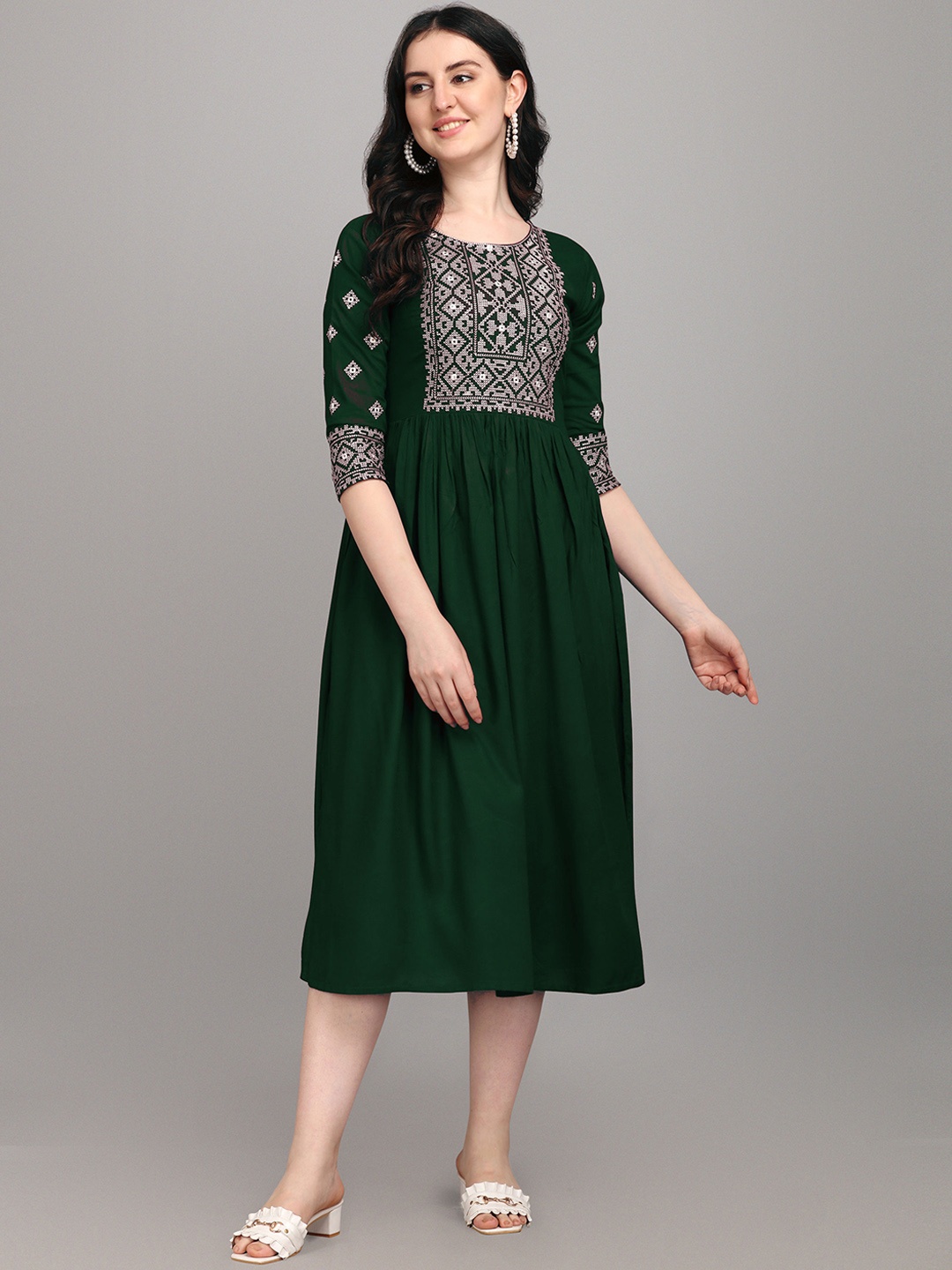 

FabFairy Women Green Fit & Flare Mirror Work Dress