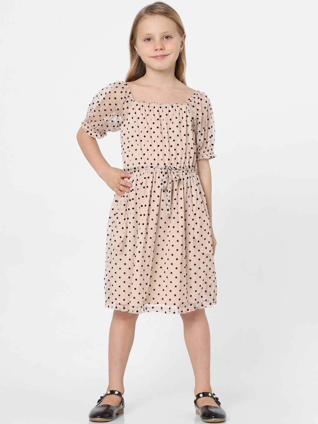 

KIDS ONLY Beige & Black Printed Polka Dots Dress