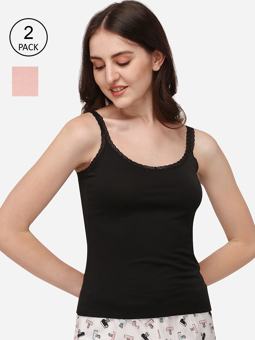 

Soie Women Pack Of 2 Black & Pink Solid Camisoles