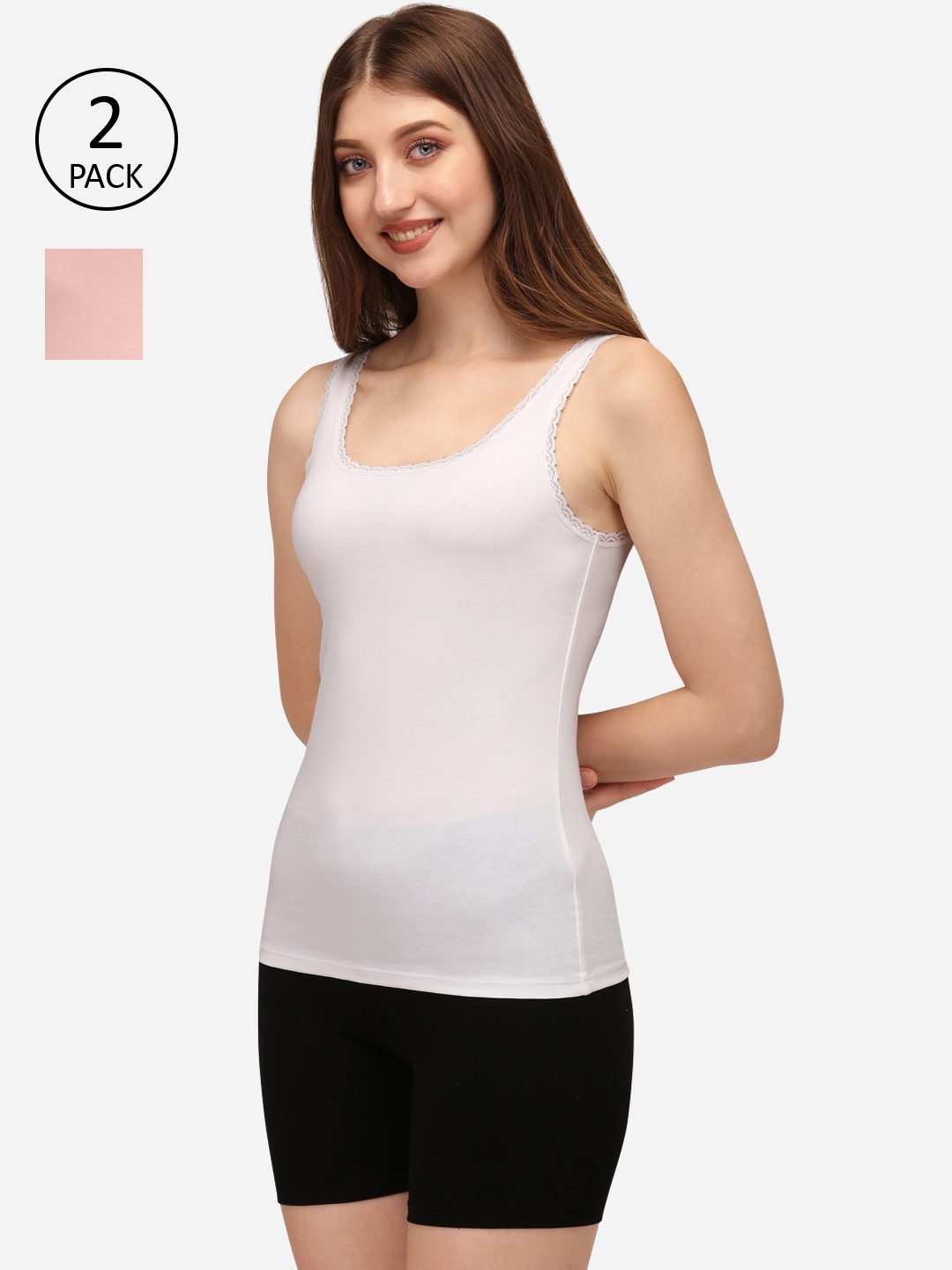 

Soie Women Pack Of 2 White & Peach Coloured Solid Camisoles