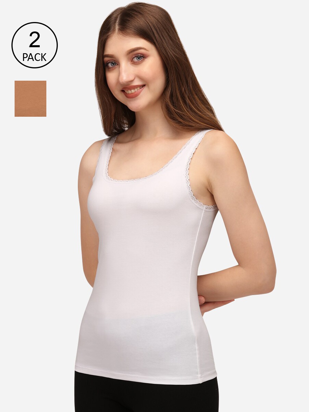 

Soie Women White & Tan Pack Of 2 Solid Camisoles