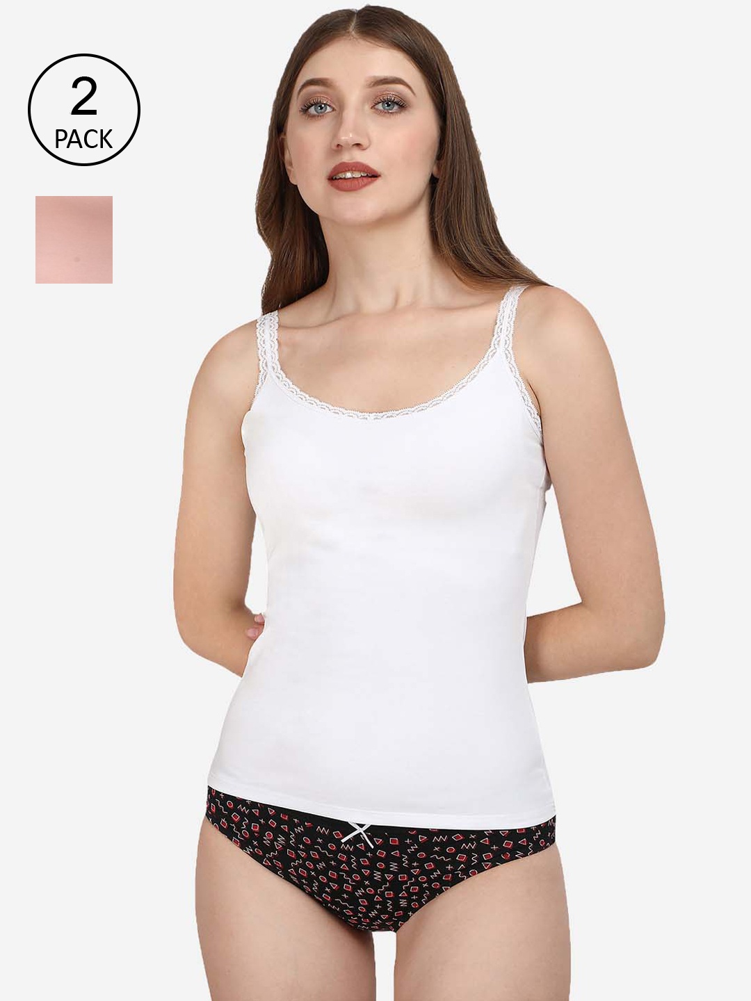 

Soie Women Pack Of 2 White & Peach Solid Camisoles