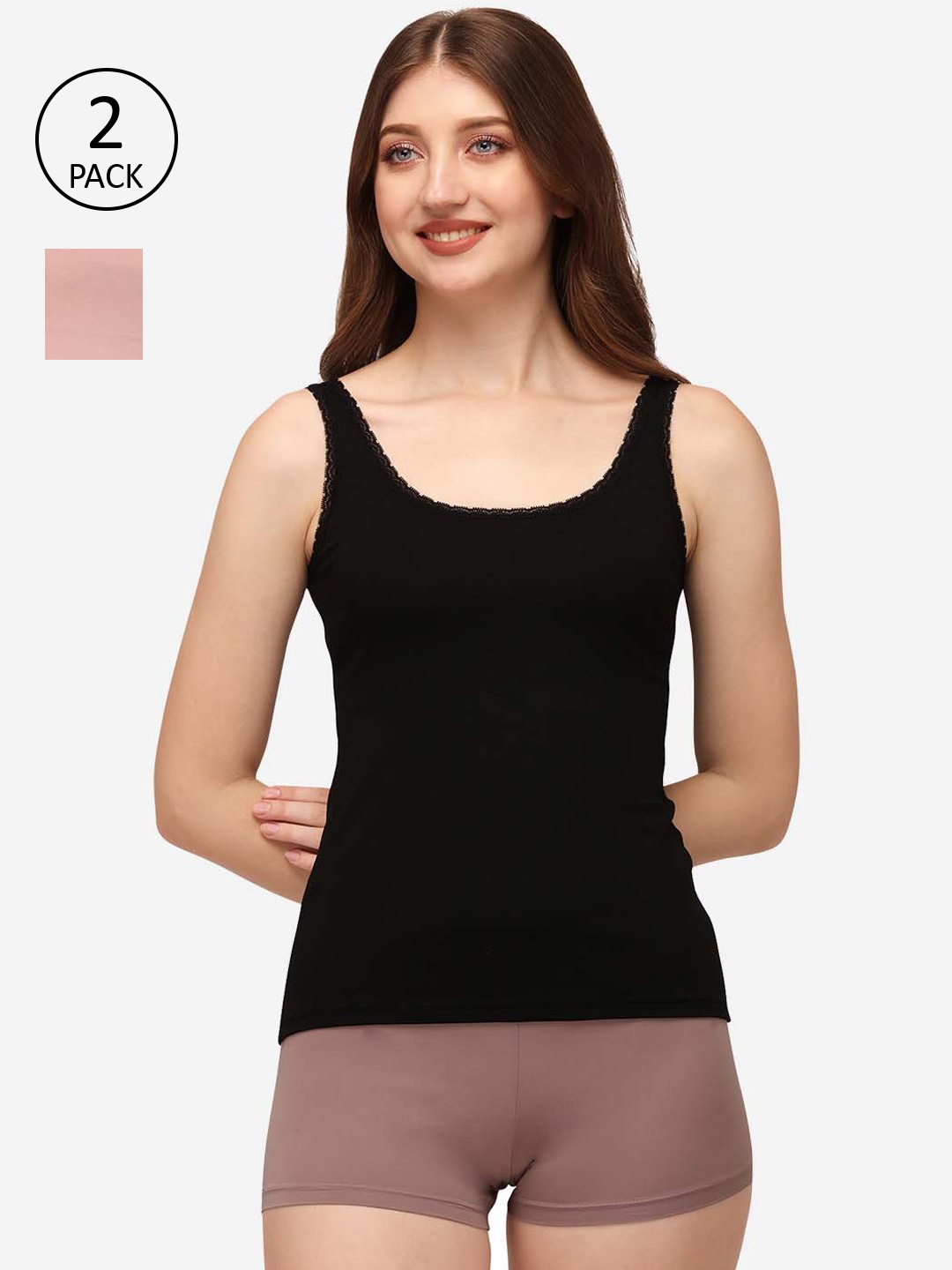 

Soie Women Black & Peach-Coloured Pack of 2 Solid Camisoles COMBO SC-10BLACK-PEACH