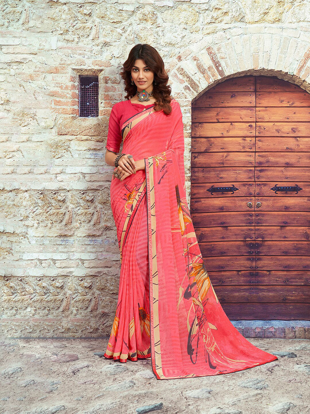 

Shaily Women Pink & Brown Pure Georgette Saree