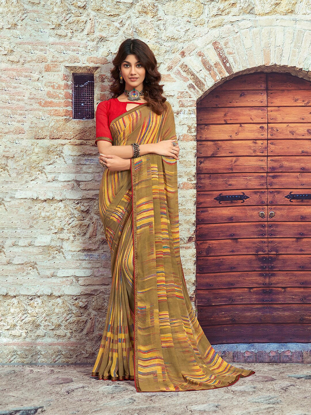 

Shaily Olive Green & Yellow Pure Georgette Saree