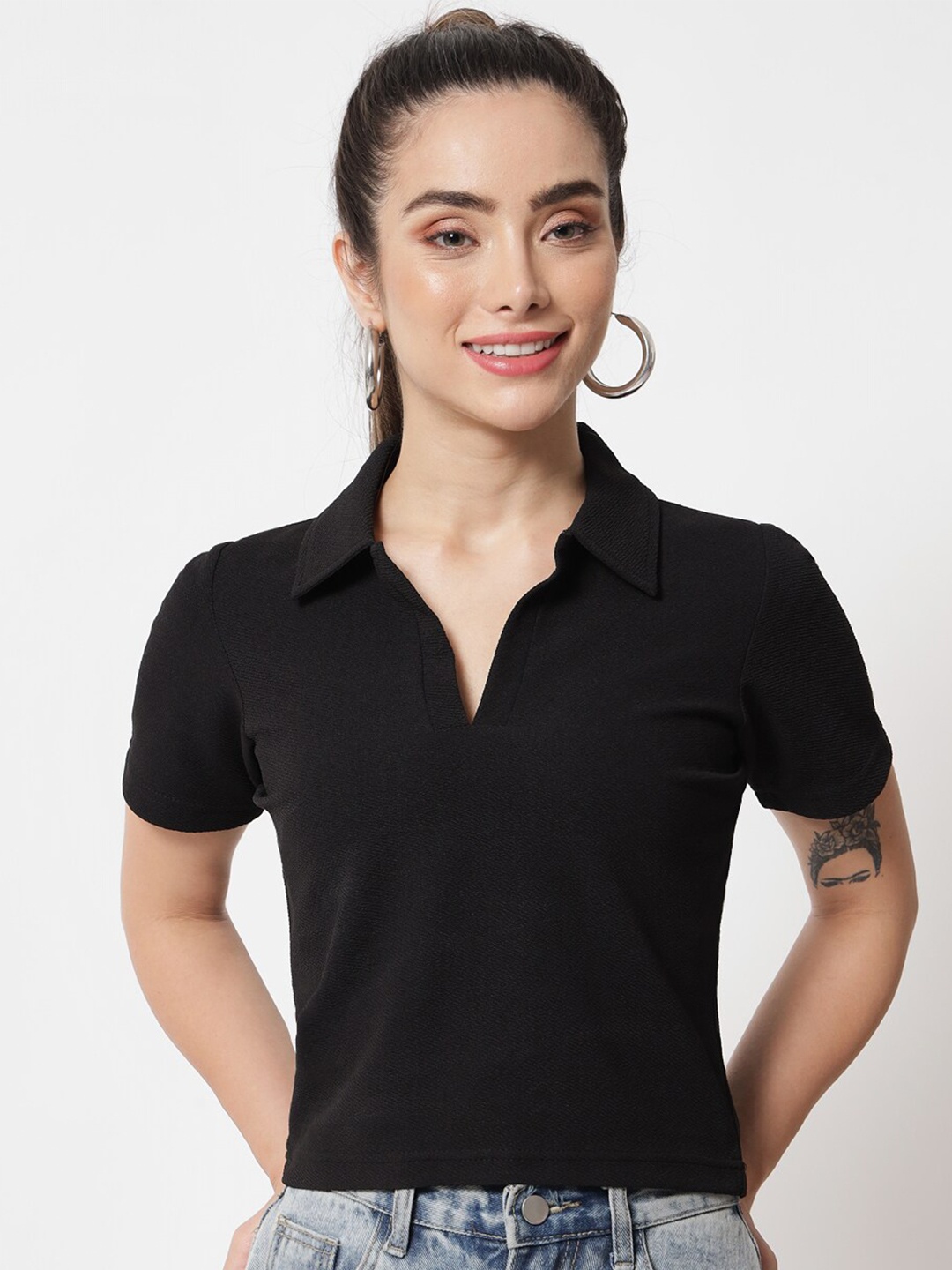 

Orchid Blues Black Solid Shirt Style Top