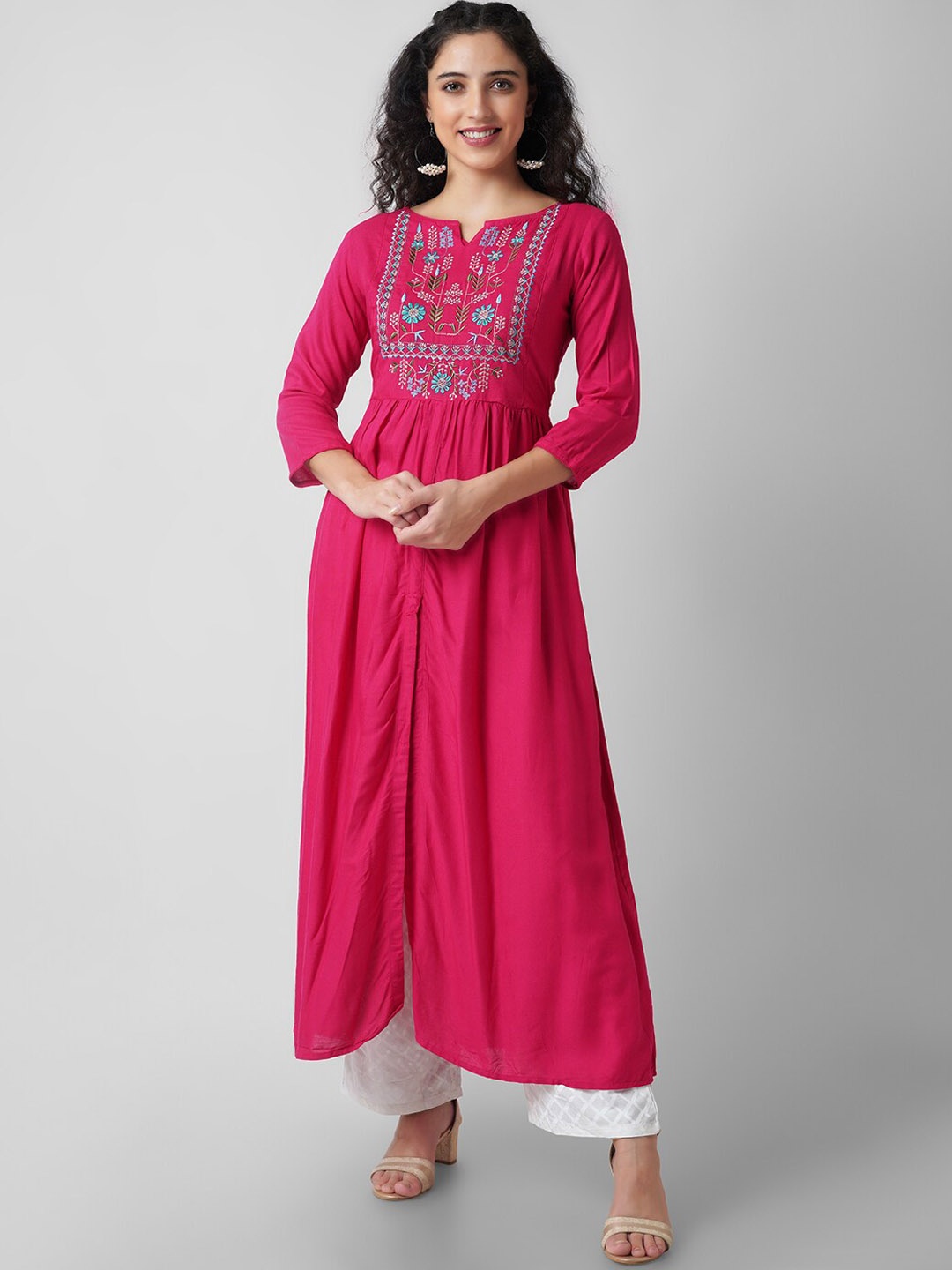 

KALINI Women Red Flared Sleeves Thread Work Embroidered Handloom Kurta