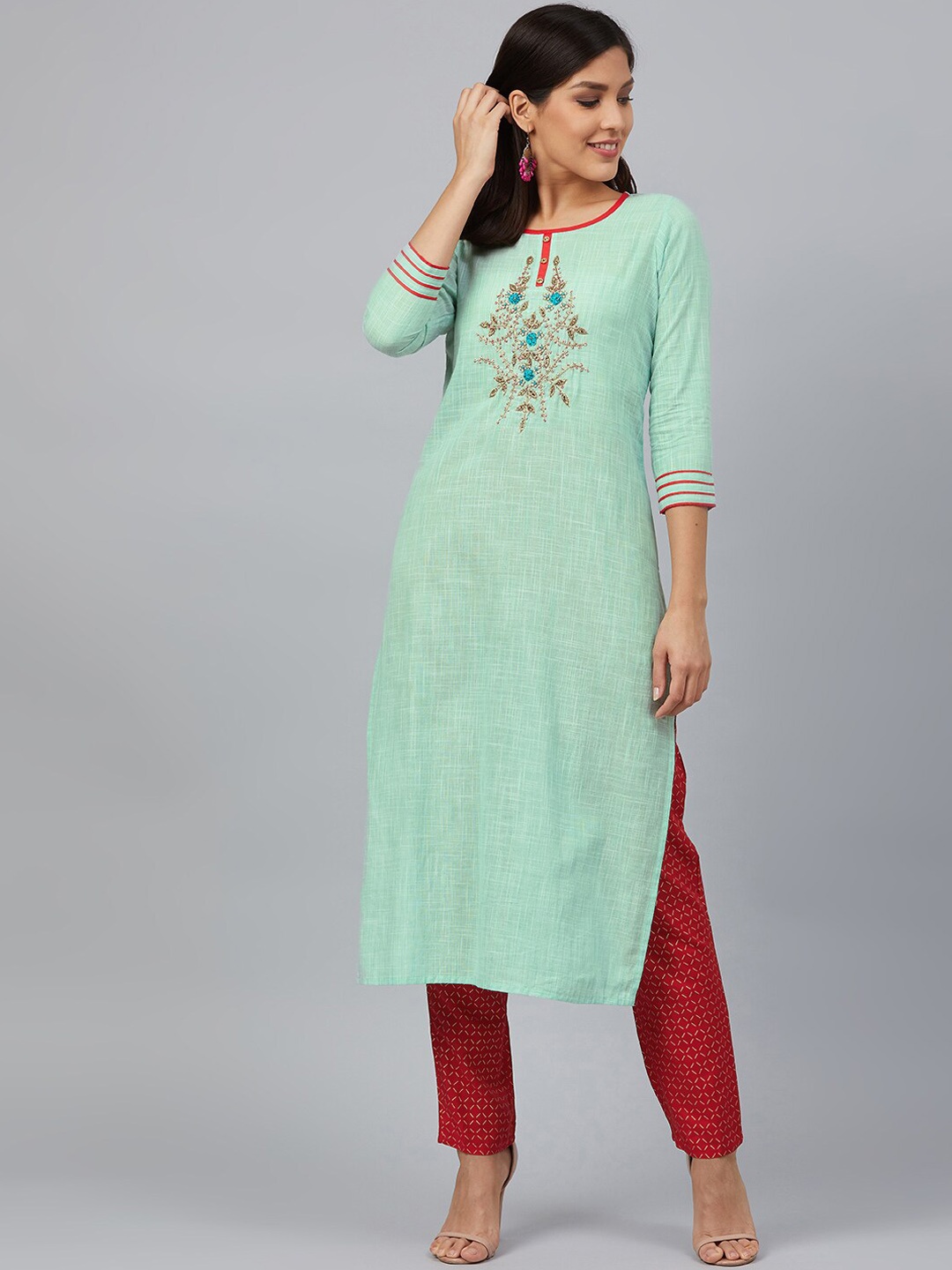 

Bani Women Green Embroidered Liva Kurta With Trousers