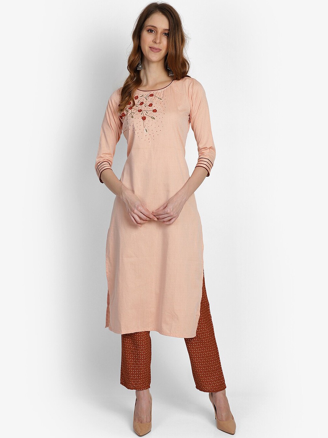 

Bani Women Peach-Coloured Floral Yoke Design Liva Kurta with Trousers